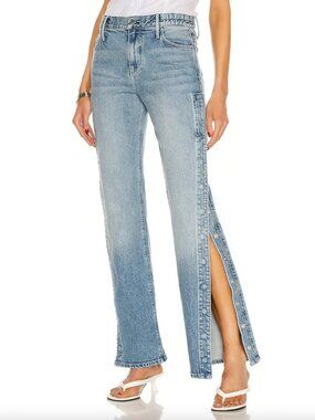 $385 RTA Blue Straight Leg Denim Michael High Rise Slit Jean Pants size 24